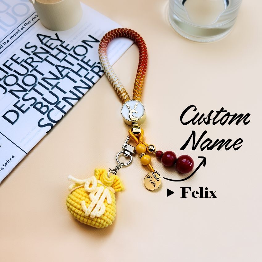 Handmade crocheted lucky money bag purse charm with custom name personalization, yellow braided strap keychain accessory for handbags, wallets, or backpacks – luck and protection series, wealth and fortune charm gift