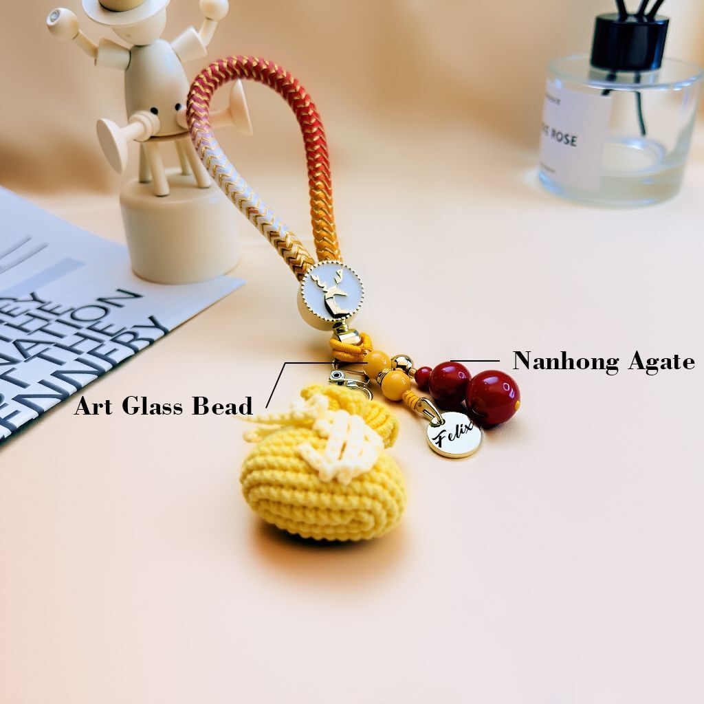 Handmade crocheted lucky money bag purse charm with custom name tag, featuring art glass bead and Nanhong agate gemstone, braided multicolor strap keychain accessory for handbags and wallets – wealth and fortune charm series