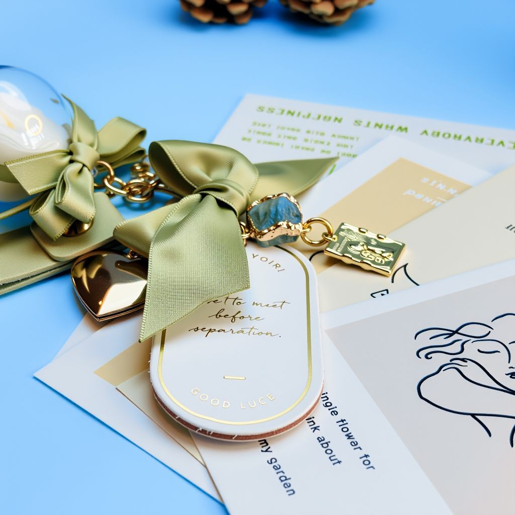 Close-up angle of preserved eternal flower and green fluorite charm with satin ribbon on personalized zodiac bag charm, handcrafted good luck accessory for bags