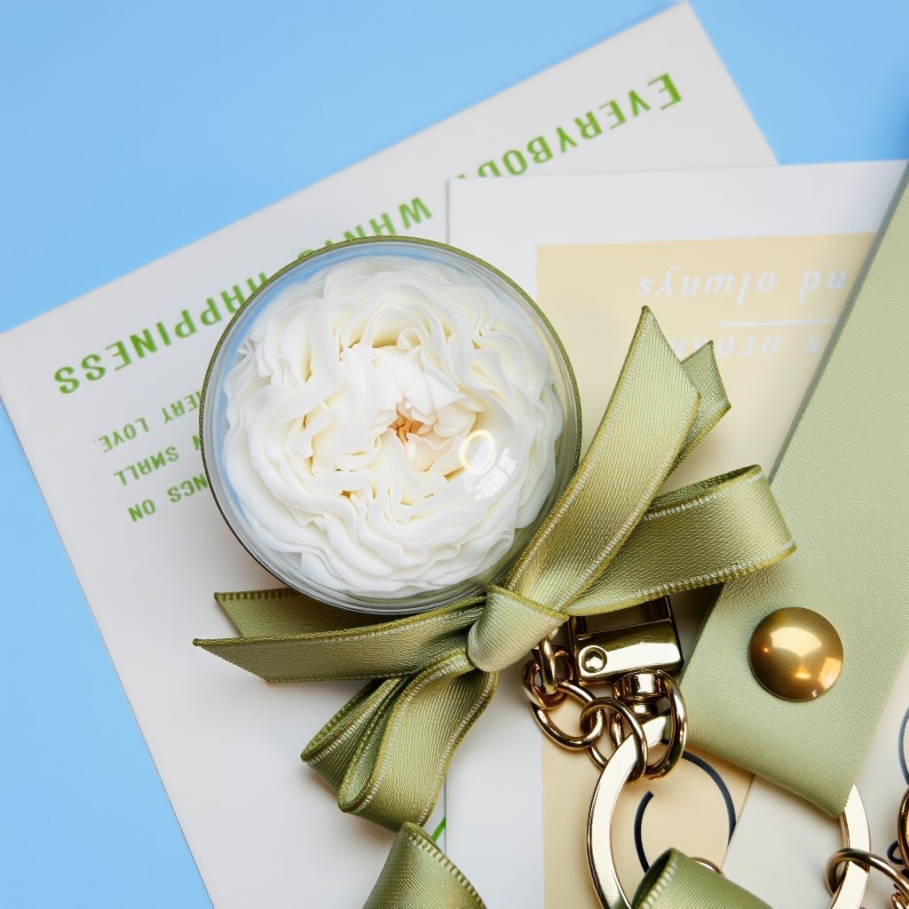 Close-up of preserved eternal flower with green ribbon detail on personalized lucky bag charm, handcrafted accessory for bags, good luck charm