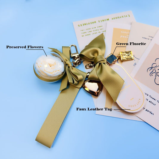 Preserved flower and green fluorite bag charm with faux leather tag, handmade lucky charm for zodiac protection and good fortune