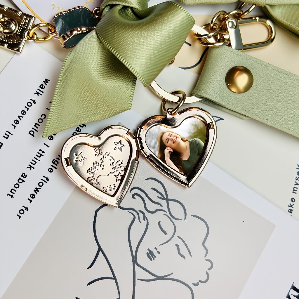 Close-up of personalized photo customization on heart-shaped locket zodiac charm with olive green satin ribbon, handcrafted eternal flower bag charm for personalized gifts and zodiac protection