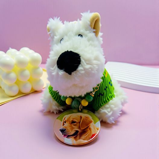 Front view Westie plush bag charm with beaded collar and custom pet portrait tag—personalized gift for pet lovers