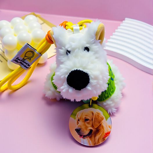 Westie dog plush bag charm wearing green knit sweater with custom round pet photo tag—cute bagcharms accessory