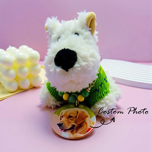 Westie plush bag charm showing optional custom pet photo tag—personalized bag charm (bagcharms)