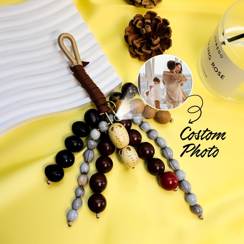 Customizable Wish-Fulfilling Seeds bag charm with personalized photo and initials, crafted from natural Bodhi seeds and agate beads, representing a string of beautiful blessings and warm wishes for family and close ones.