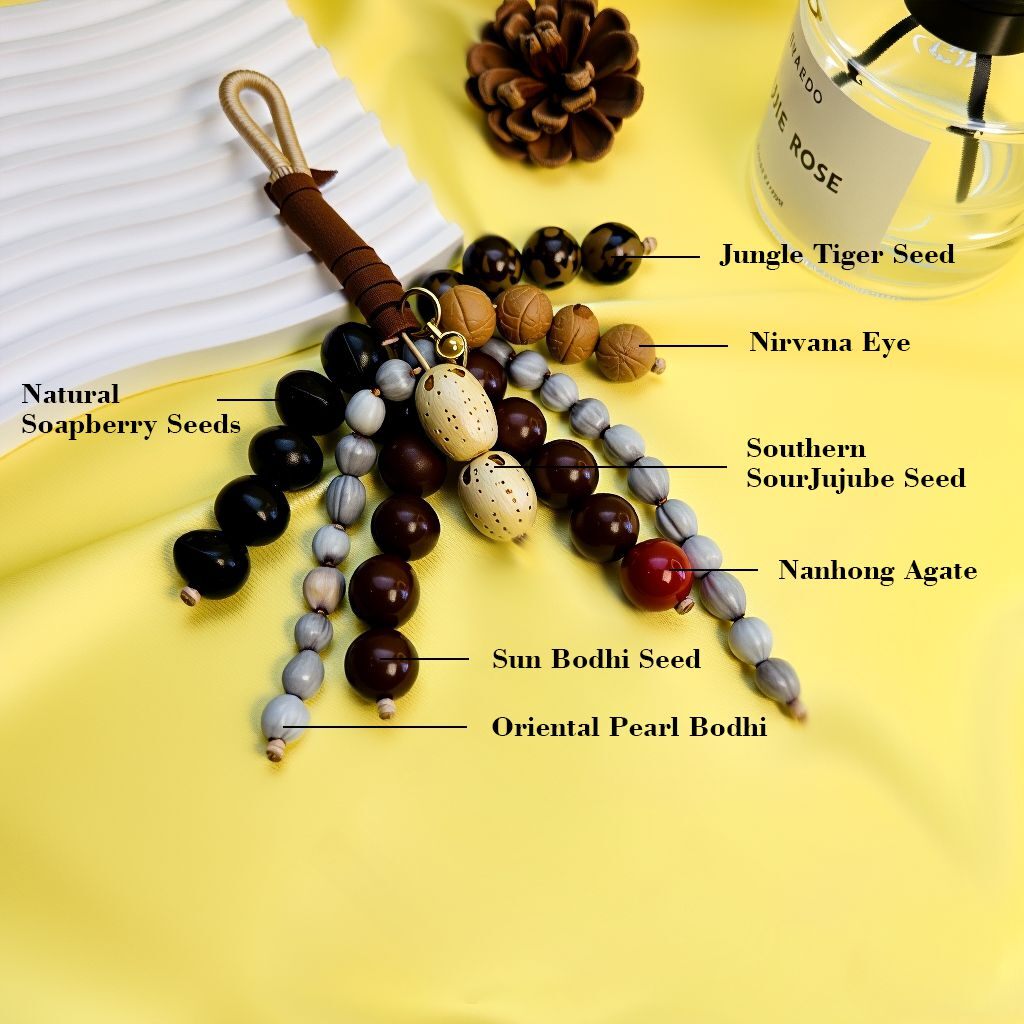 Detailed material breakdown of Wish-Fulfilling Seeds bag charm including natural Bodhi seeds, agate and quartz beads, handmade to embody a collection of heartfelt blessings and full wishes for family love and protection.