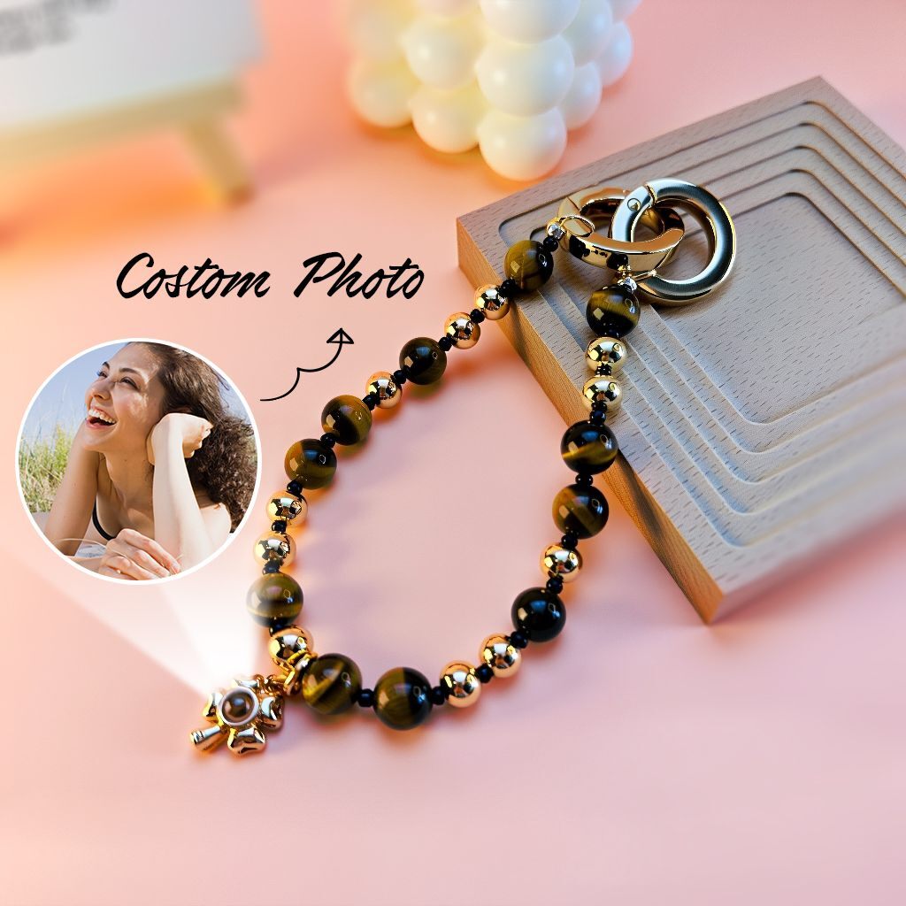 Customizable Ping An Wu Shi beads bag charm featuring personalized photo pendant, designed as a spiritual energy keychain for women