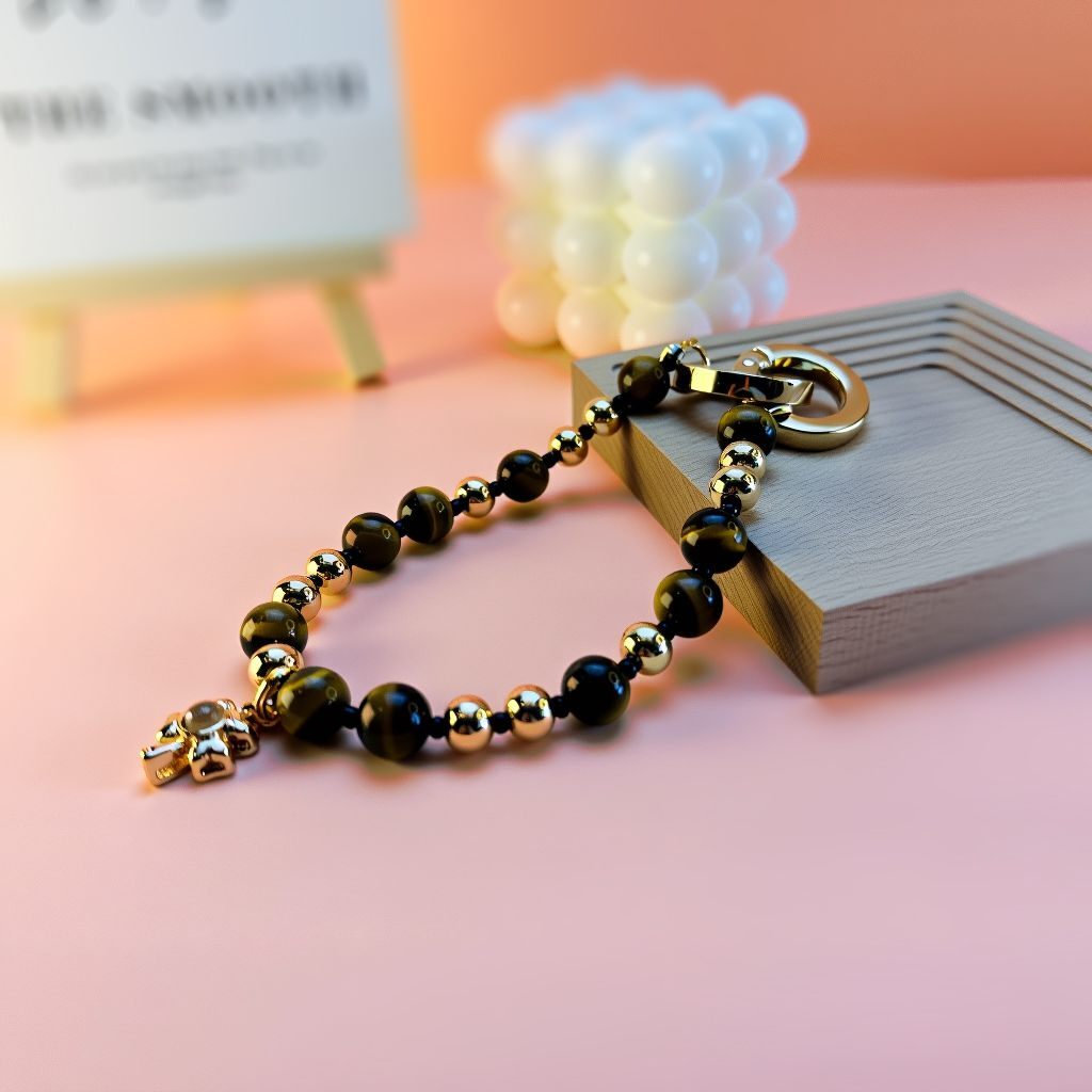 Handmade Ping An Wu Shi lucky charm with black and gold beads, perfect as a unique purse accessory with feng shui meaning