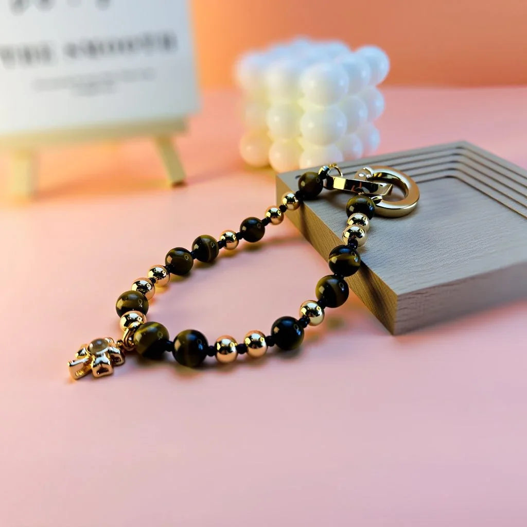 Personalized Wu Shi Zhu Bag Charm with Tiger's Eye and Hidden Photo Projection Bead