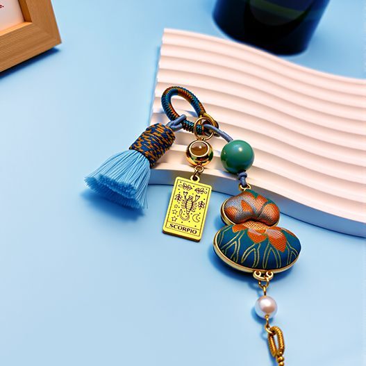 Luxury Scorpio zodiac bag charm crafted from Intangible Cultural Heritage Song brocade, green agate bead and tassel for fortune and protection