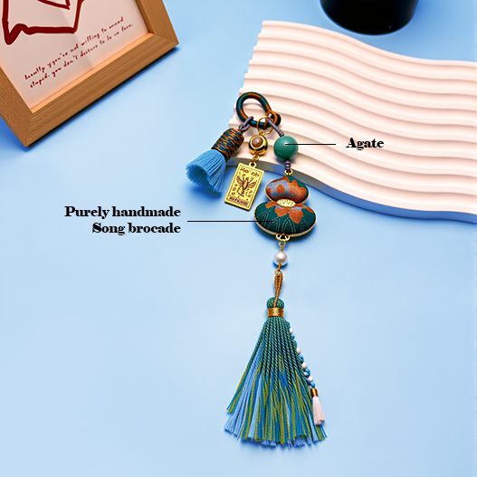 Custom Scorpio zodiac guardian bag charm with natural agate bead and handmade Song brocade, cultural heritage tassel keychain