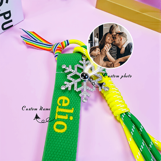 Close-up showing custom name and photo options on Christmas snowflake kids backpack name tag charm.