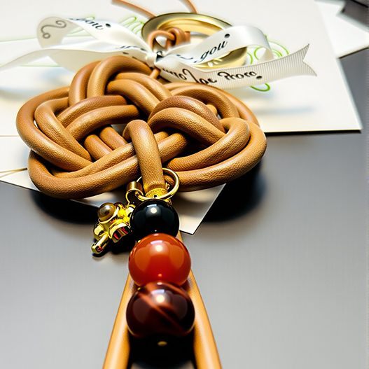 Close-up of full-grain leather promise-knot bag charm with obsidian, red agate, and tiger’s eye beads.