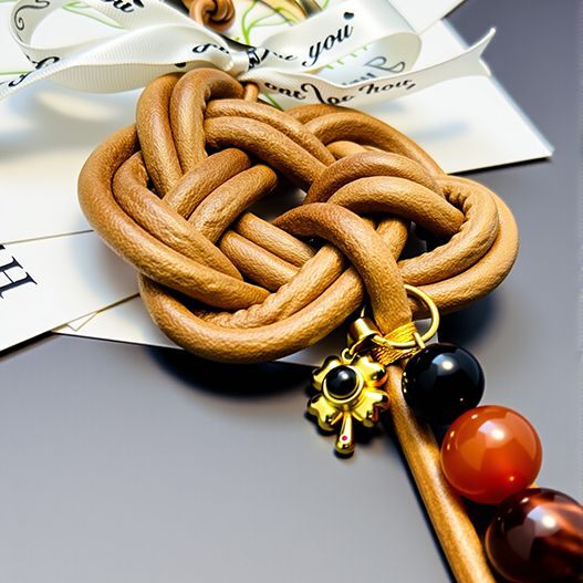 Angled detail of the leather endless-knot and gold charm, showing black obsidian and warm red agate beads.