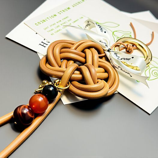 Top view of the handcrafted leather knot charm with gift ribbon and gemstone bead strand.