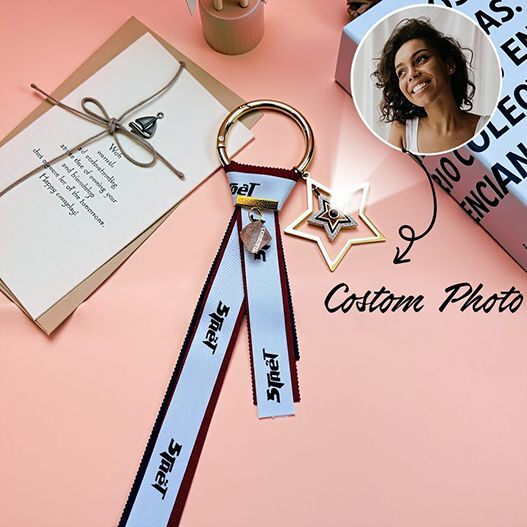 Creative White Crystal Ribbon Bag Charm with Custom Photo, Good Luck Keychain Accessory, Lucky Protection Pendant, Personalized Feng Shui Bag Charm for Women