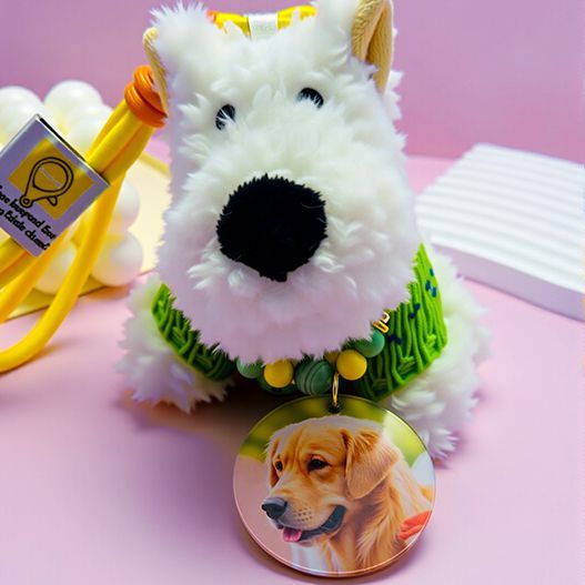 Westie dog plush bag charm close-up—green knit sweater, glass beads collar and custom pet photo disk (bagcharms)