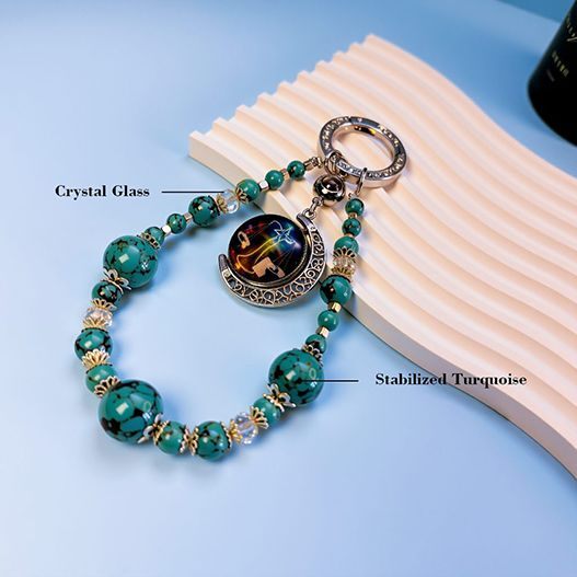 Zodiac guardian bag charm with stabilized turquoise beads and crystal glass accents, custom photo pendant, spiritual energy accessory, personalized lucky charm