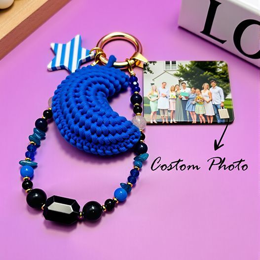 Blue moon plush crochet bag charm with custom photo tag, gold clasp, and lapis lazuli/kyanite/obsidian beaded strap (bagcharms)