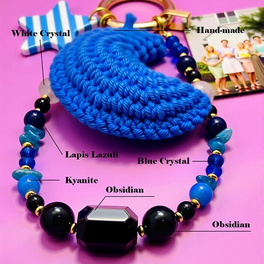 Crochet blue moon plush bag charm with gemstone beaded strap—lapis lazuli, kyanite, obsidian, clear quartz, blue crystal (bagcharms)