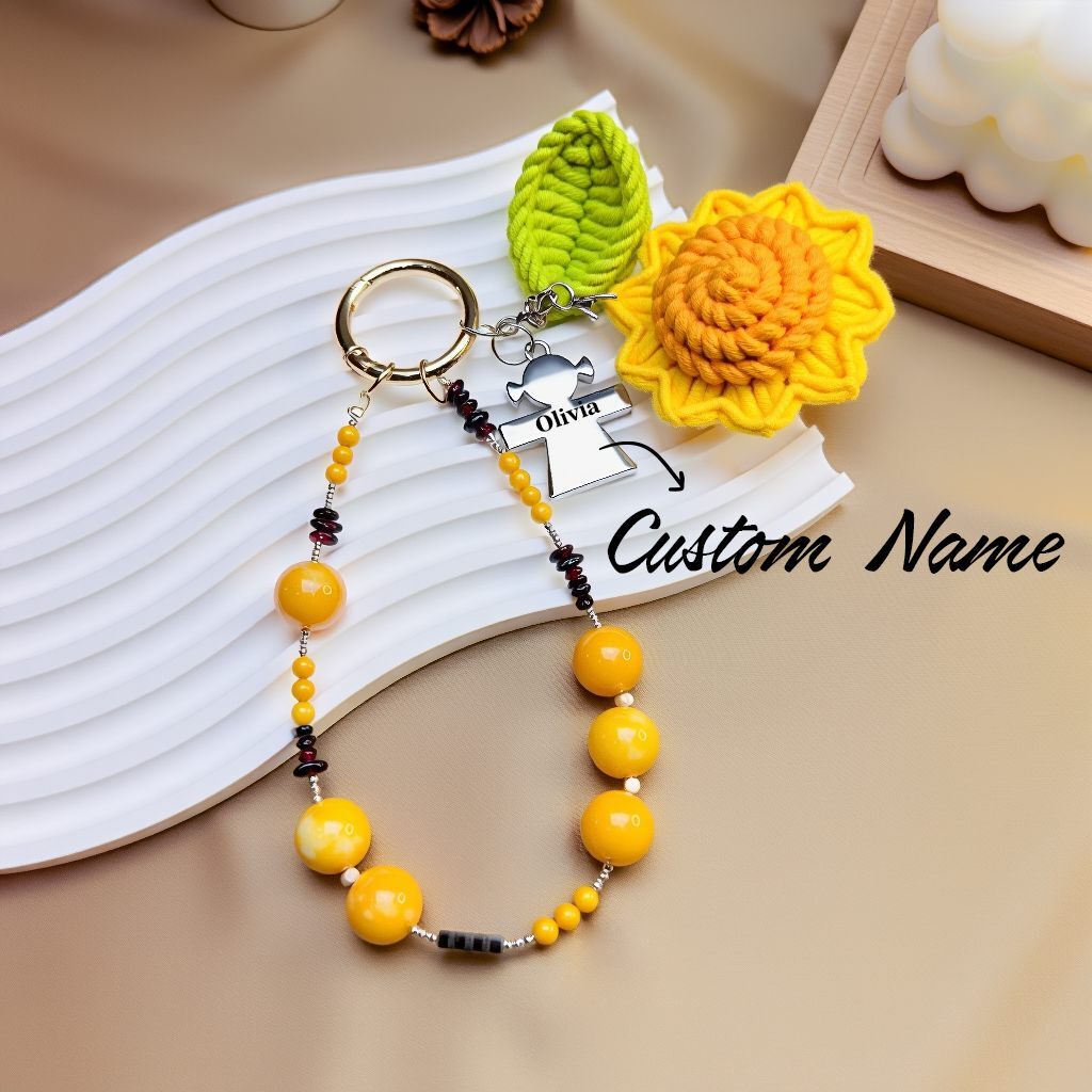 Crochet sunflower plush bag charm with custom name metal tag and yellow agate/garnet beads—best-friend gift accessory (bagcharms)