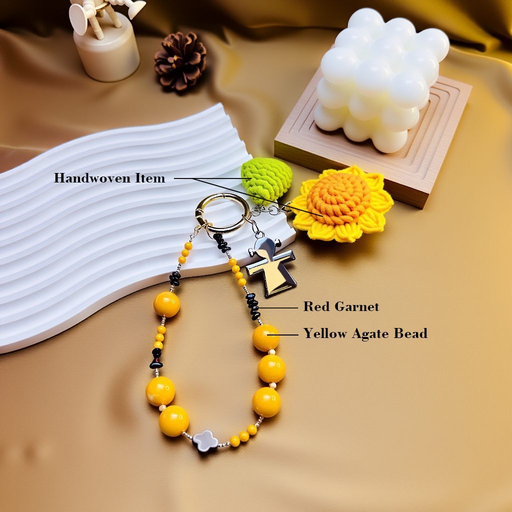 Hand-crocheted sunflower plush bag charm with beaded strap—yellow agate and red garnet, handmade leaf detail (bagcharms)