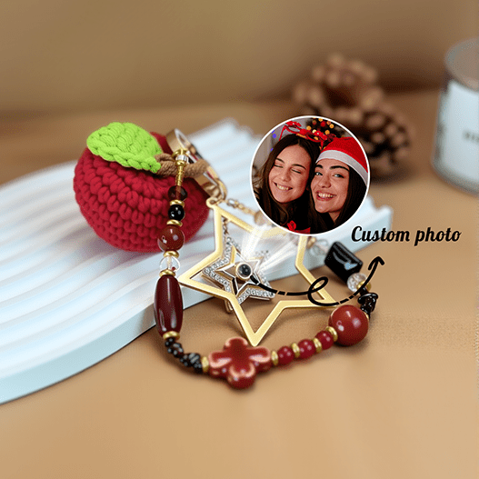 Customizable crochet apple bag charm with gold star pendant and custom photo option, holiday gift ready.