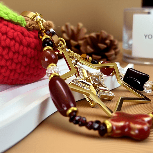 Close-up of star pendant and glossy red agate beads on the crochet apple Christmas bag charm.