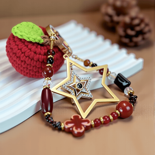 Hand-crocheted red apple bag charm featuring a gold star frame and deep red gemstone beaded loop.