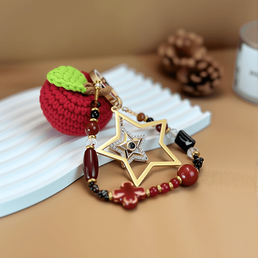 Crochet apple Christmas charm showing full beaded loop, gold star pendant, and glossy red stones.