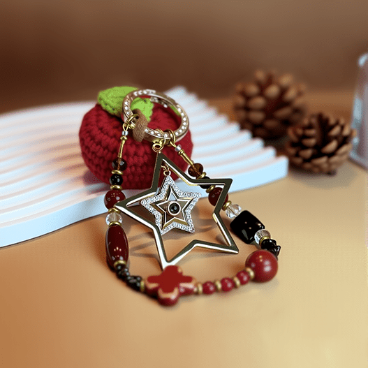 Crochet apple Christmas bag charm with gold double-star pendant and red agate, obsidian, and crystal beads.