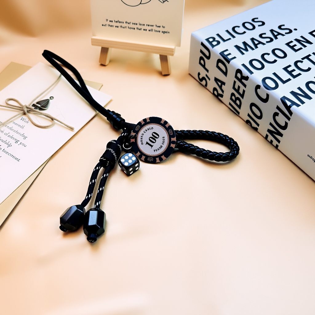 Destiny chip opportunity dice bag charm with black braided strap, lucky chip, dice pendant, obsidian beads, and custom photo keychain accessory for purse, handbag, or backpack – luck and protection series charm, stylish and personalized gift