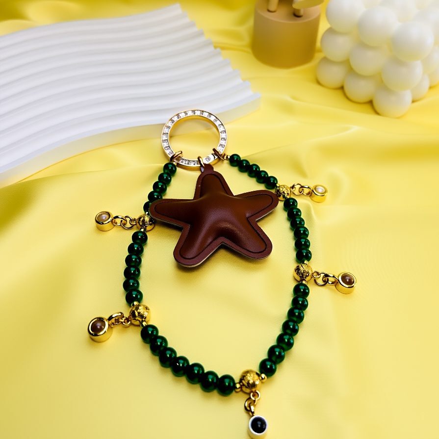 Family tree bag charm with treated green quartz beads, leather star pendant, gold accents, personalized photo custom keychain accessory for women and men