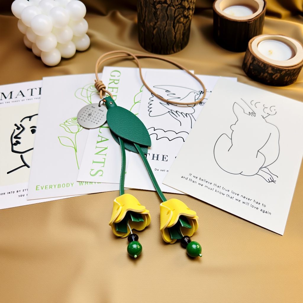 Finished leather tulip bag charm with green leaves and yellow flowers on cards and candles.