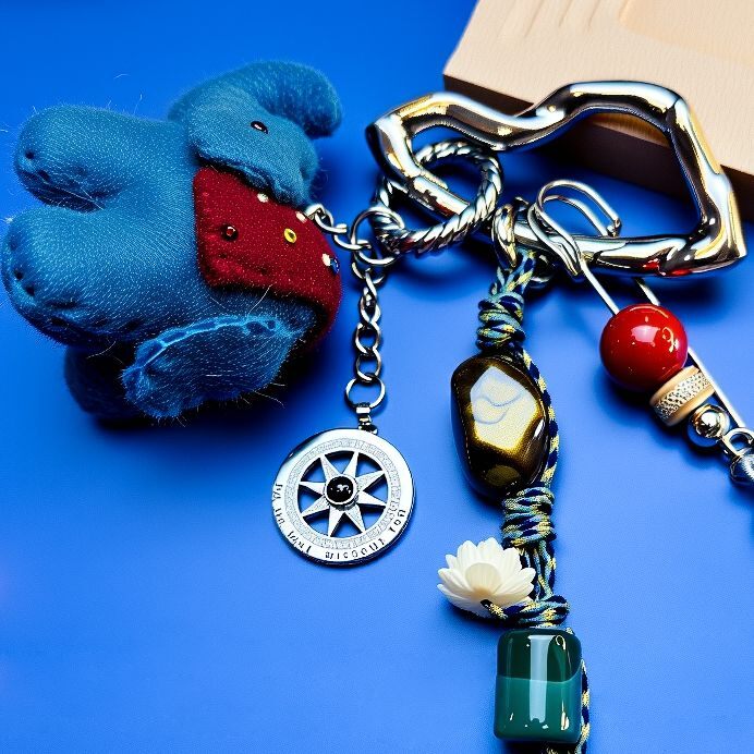 Close-up of wool-felt elephant bag charm with compass pendant, malachite bead and braided cord on blue background.