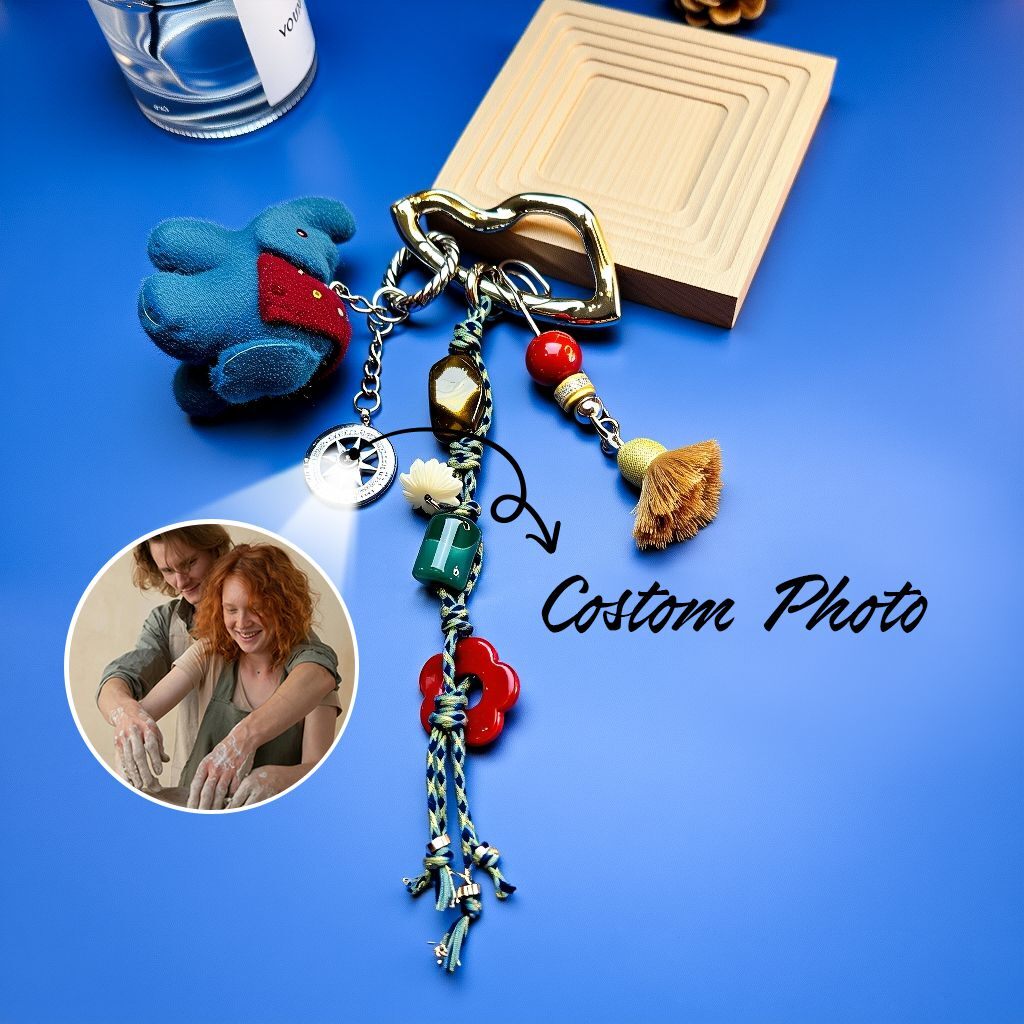 Custom-photo elephant bag charm—add your picture; features compass charm, tassel, cinnabar, beeswax amber and malachite bead.