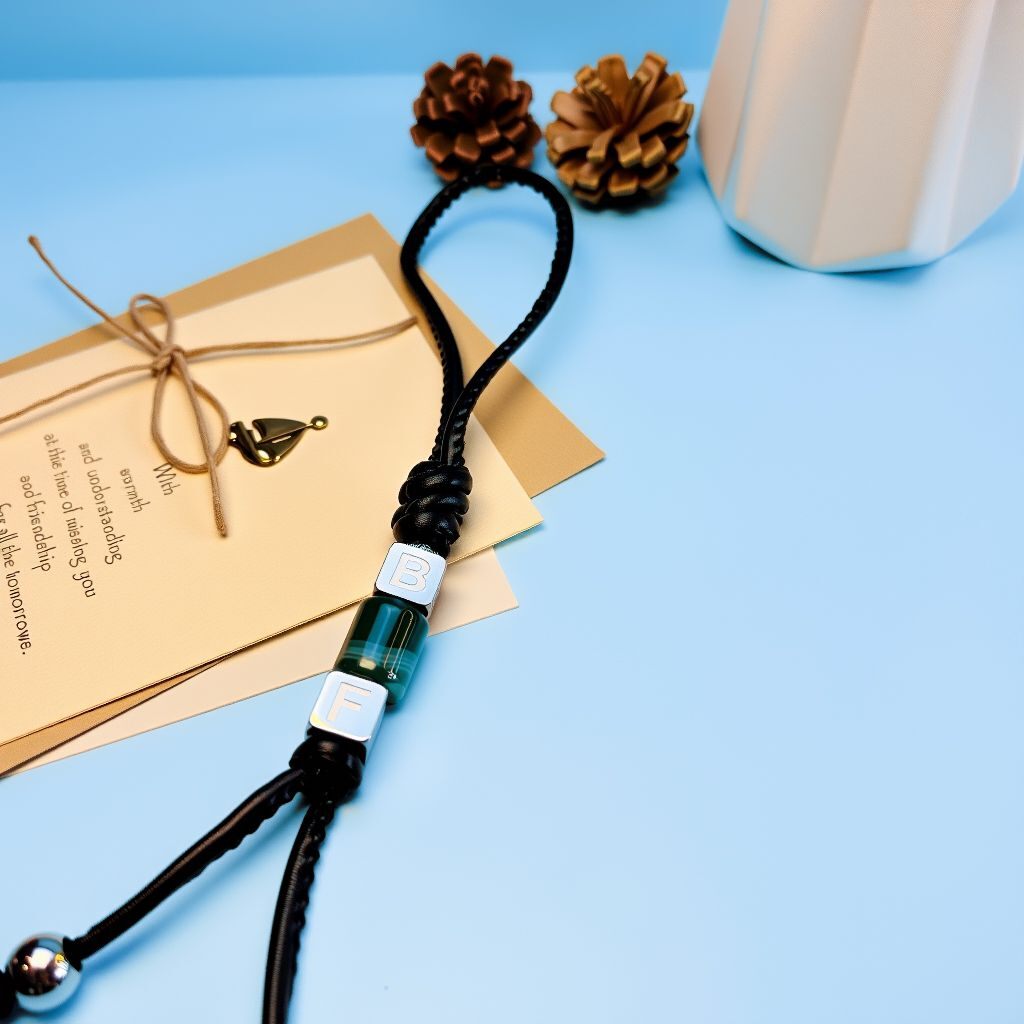 Personalized malachite initial bag charm with black braided cord and titanium-steel letter beads, flat-lay on blue background