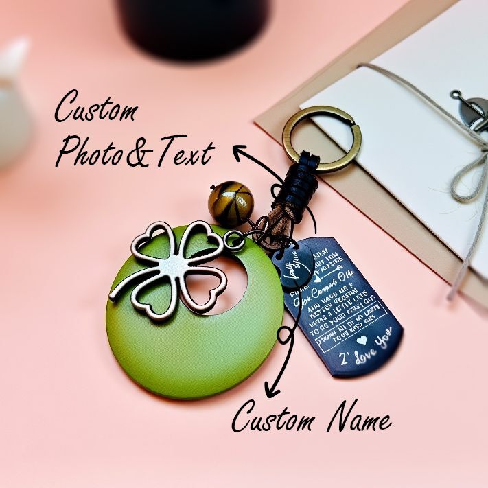 Retro Lucky Four Leaf Clover Bag Charm with Custom Photo and Name, Personalized Good Luck Keychain, Handmade Feng Shui Lucky Charm for Women and Gifts