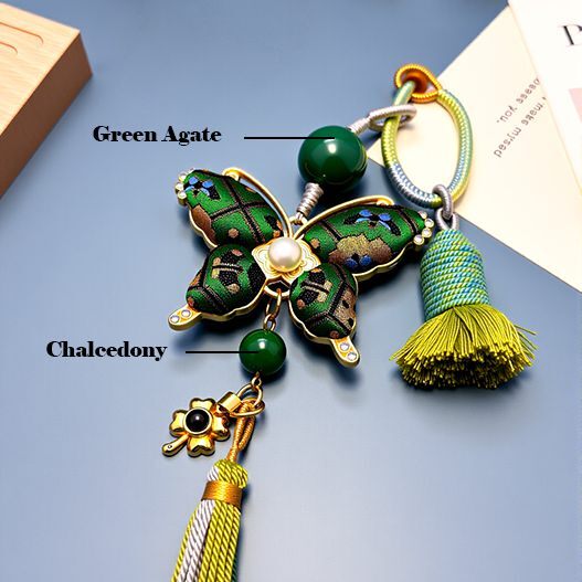Material callouts: Green Agate and Chalcedony on Song brocade butterfly travel bag charm with tassel (bagcharms)