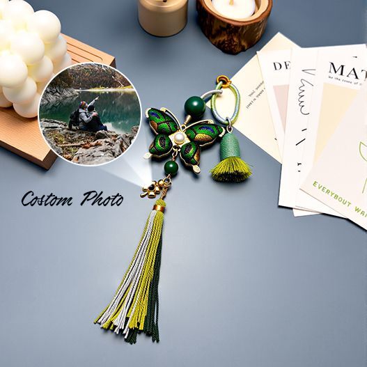 Song brocade butterfly bag charm with long tassel and optional custom travel photo tag—perfect souvenir gift (bagcharms)