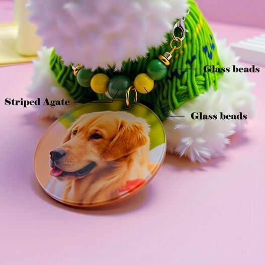 Material callouts on Westie plush bag charm—striped agate and glass beads on beaded collar with custom photo tag (bagcharms)
