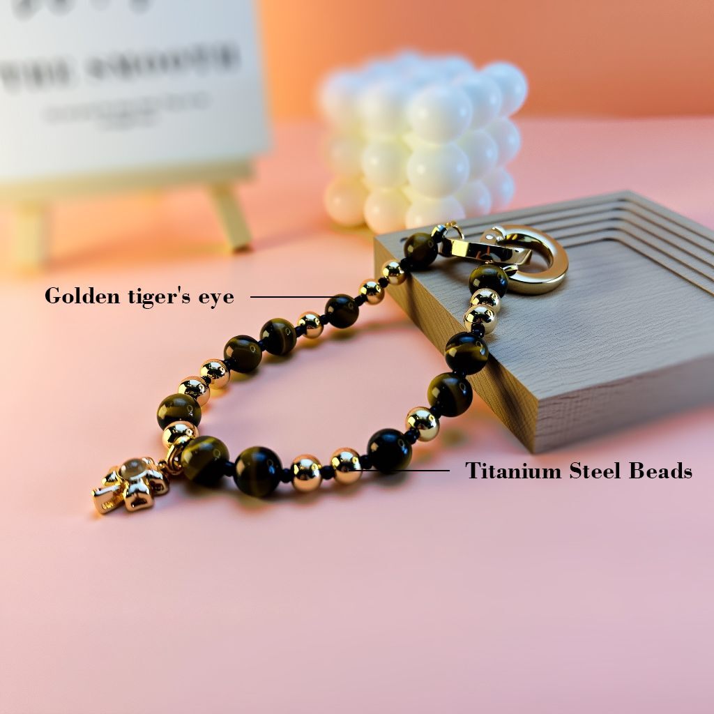 Ping An Wu Shi bag charm with golden tiger’s eye and titanium steel beads, crafted as a feng shui accessory to bring good fortune