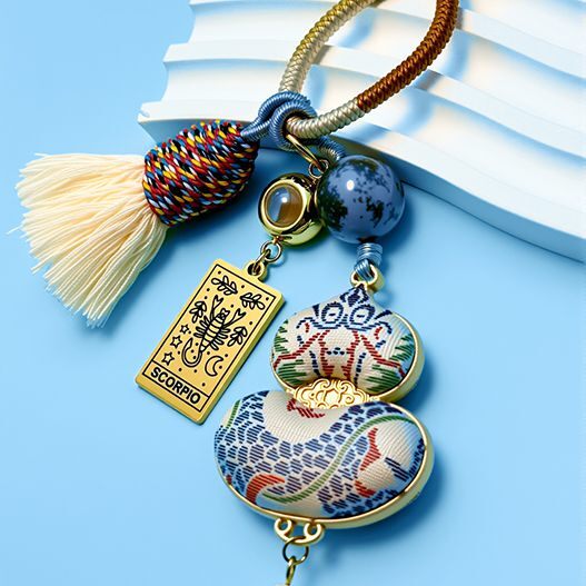 Scorpio zodiac bag charm made with Song brocade fabric and agate bead, handmade lucky talisman for protection and fortune, personalized astrology keychain.