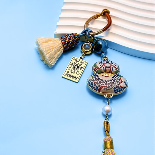 Handmade Scorpio constellation bag charm with traditional Song brocade embroidery and gemstone beads, cultural zodiac guardian accessory for luck.