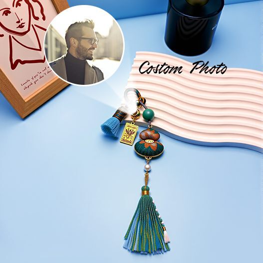 Personalized Scorpio zodiac guardian bag charm, Song brocade pendant with tassel and gemstone bead, custom photo keepsake for luck